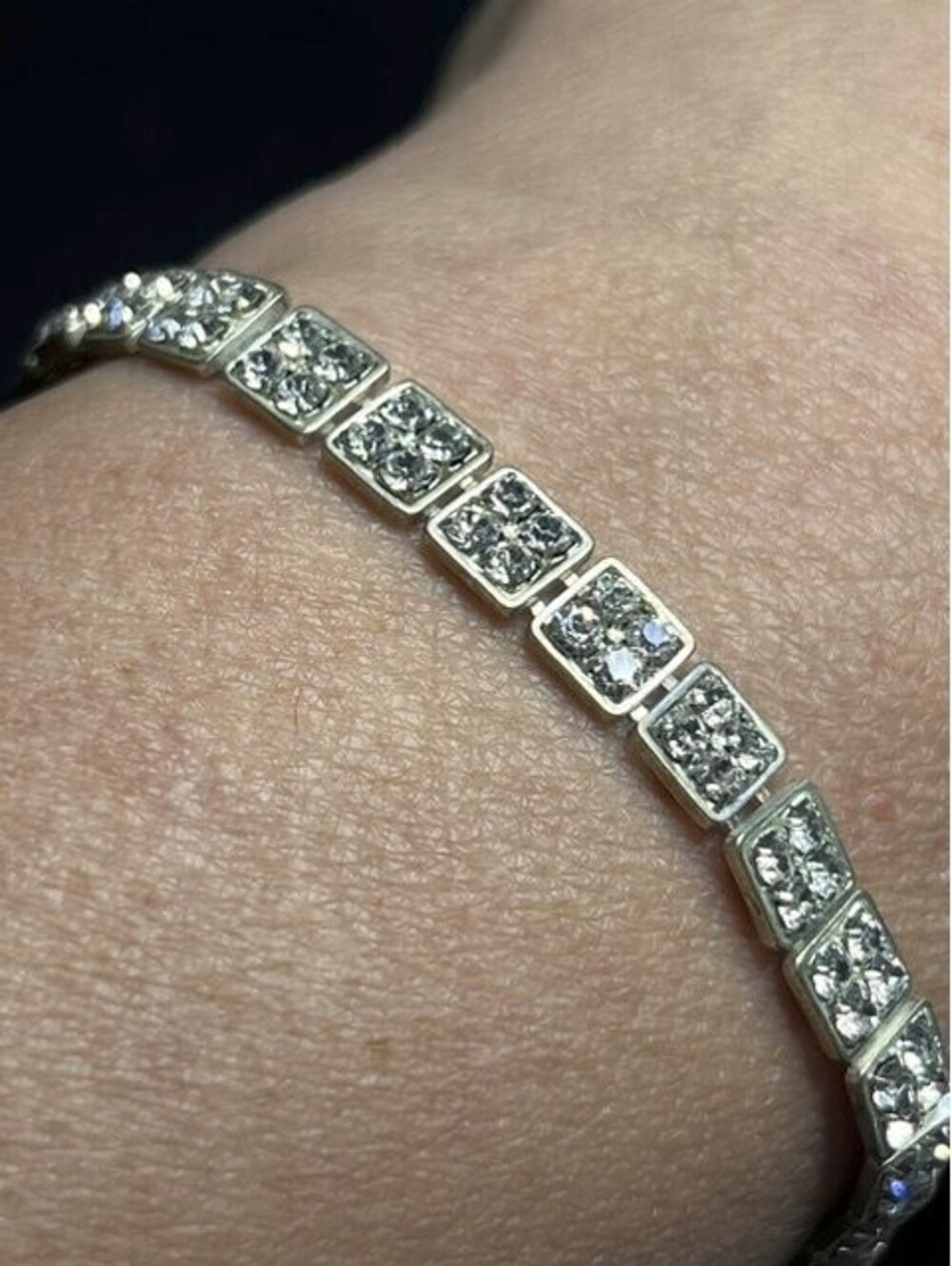 B6915 Vintage Square Link Tennis Bracelet Pave Rhinestone Crystal Silver Tone 7"